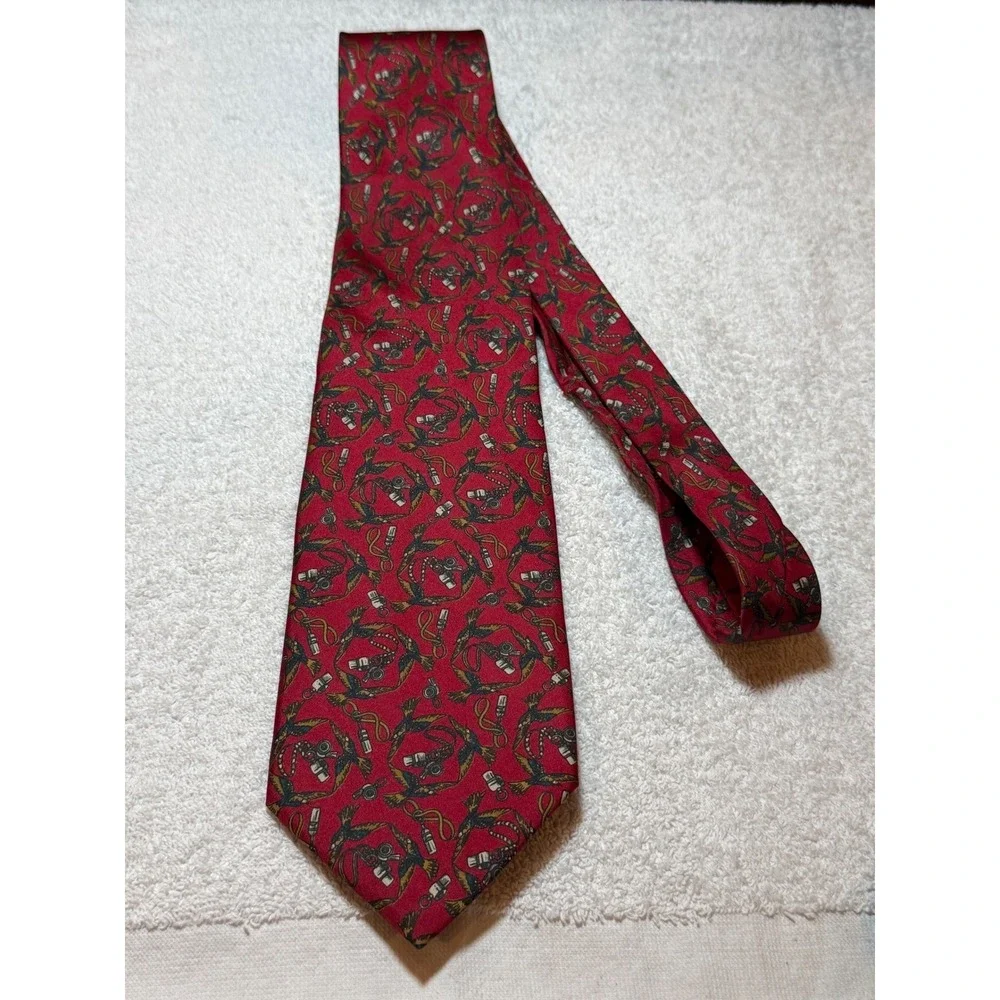 Fontana Di Trevi Red Silk Tie Equestrian Bird Hunting Horn Pattern Made in Italy
